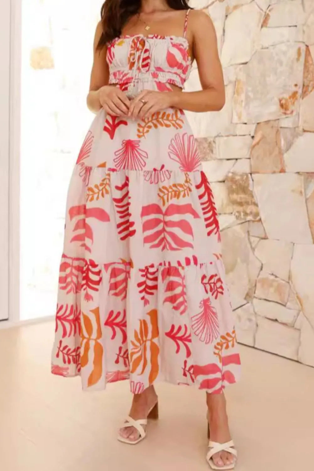 Cutout Printed Sleeveless Midi Cami Dress