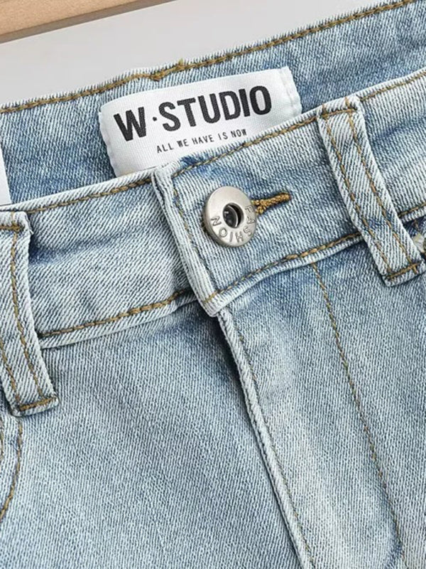 High-Waist Elastic Slim-Fit Distressed Edge A-Line Denim Mini Skirt