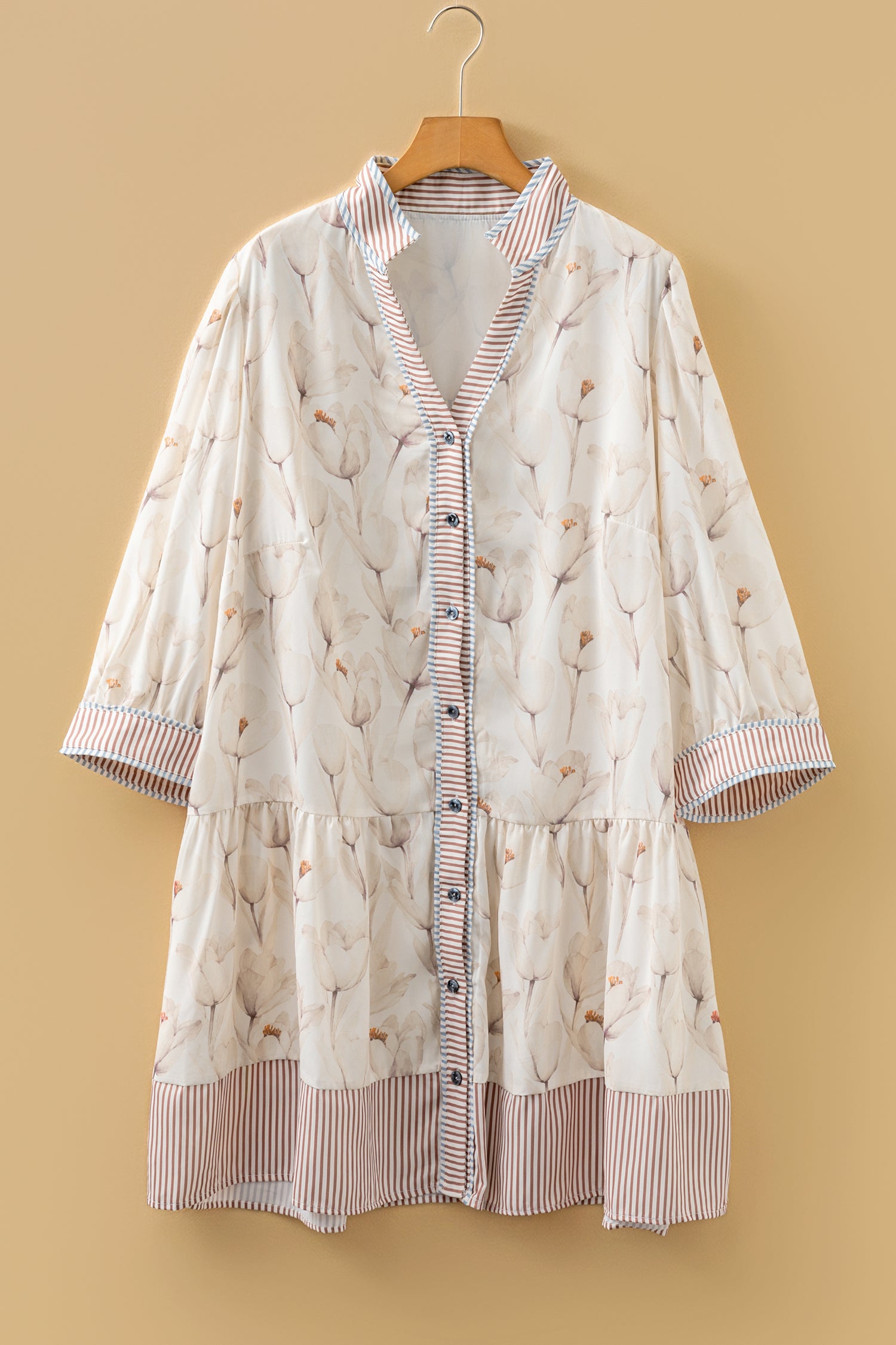 Khaki Plus Size Floral Striped Trim Patchwork Button Down A-line Dress