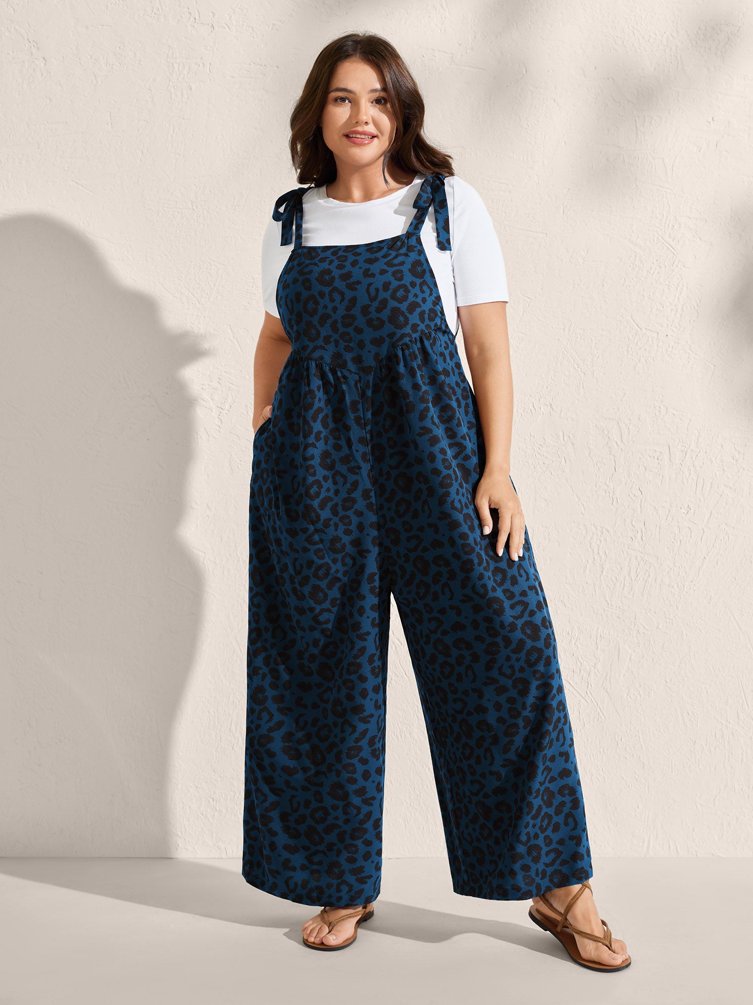 Leopard Print Pockets Shoulder Ties Jumpsuit