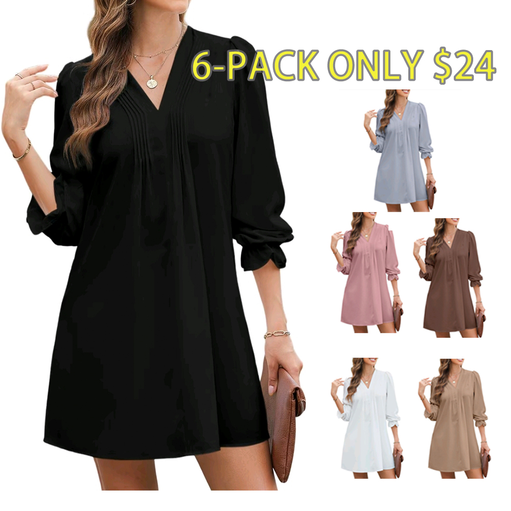 Dokotoo Womens Casual Dress A-Line RuffleSleeve V Neck Midi Dress 2025 Fashion PleatedFlowy Sundress Loose Shirt Dresses