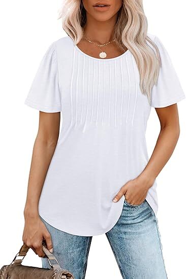 🔥Last day promotion🔥Womens T Shirts Short Sleeve Pleated Dressy Casual Scooped Neck Summer Tops Blouses