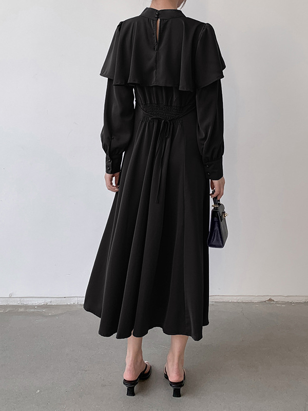 Ruffle Trim Solid Color Tied Waist A-Line Long Sleeves Mock Neck Midi Dresses