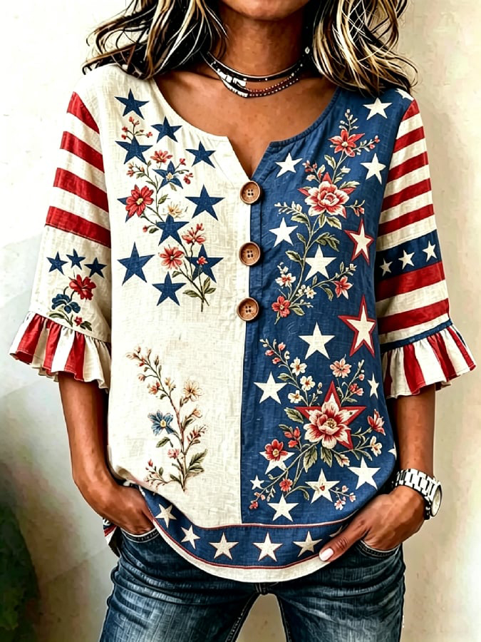 Women'S Casual American 250Th Anniversary Floral Print Wrinkle Resistant Top