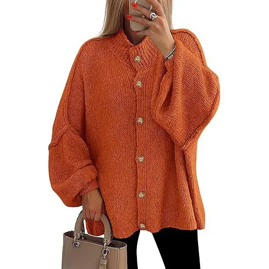 Women's Winter Button Down Cardigan Sweaters Mock Neck Lantern Long Sleeve Chunky Knit Jacket Trendy Outerwear