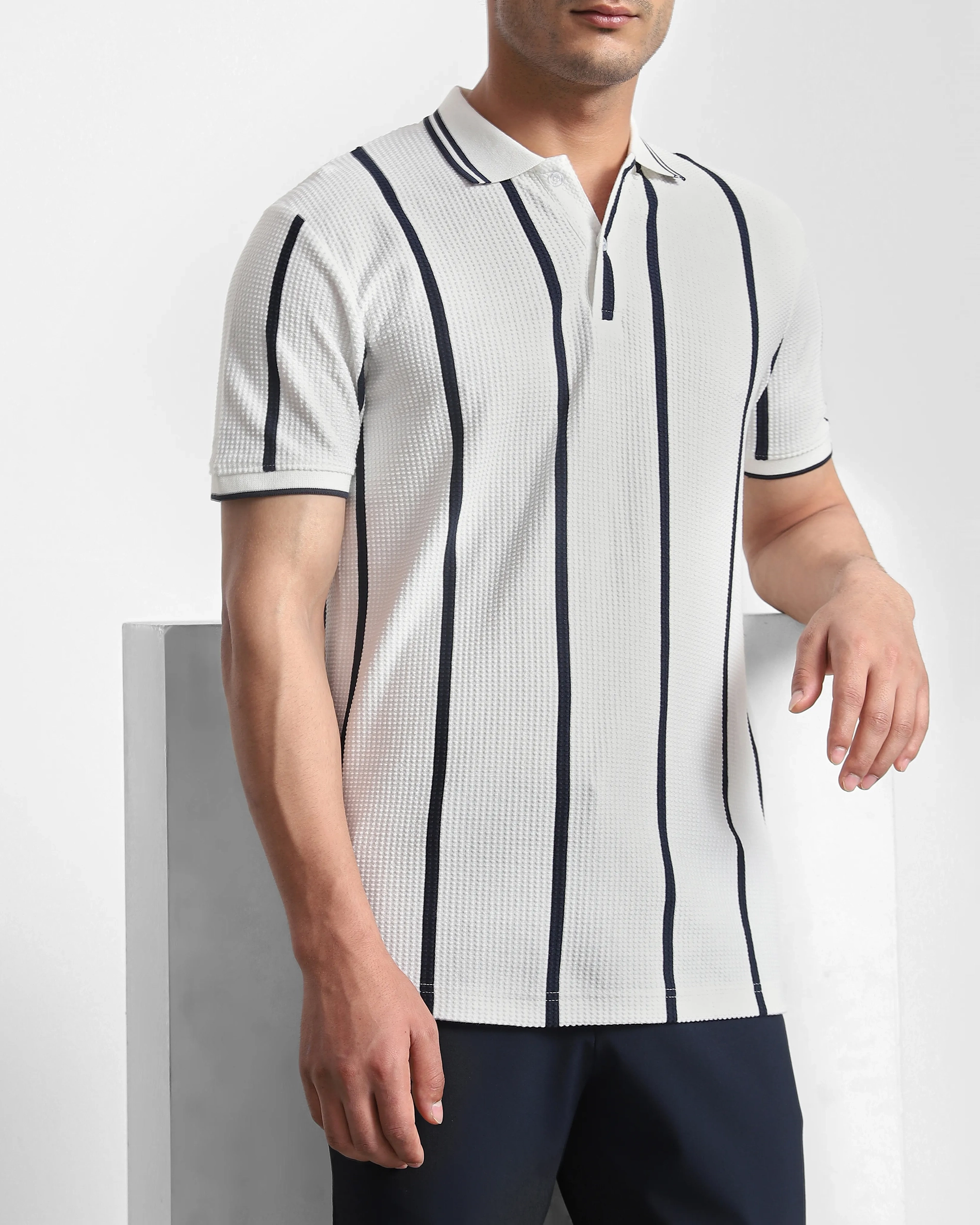 Daily Simple And Slimming White Striped Polo Shirt