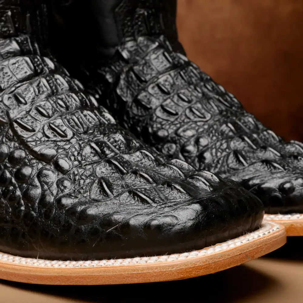 Black Caiman Neck Leather Boots - Square Toe
