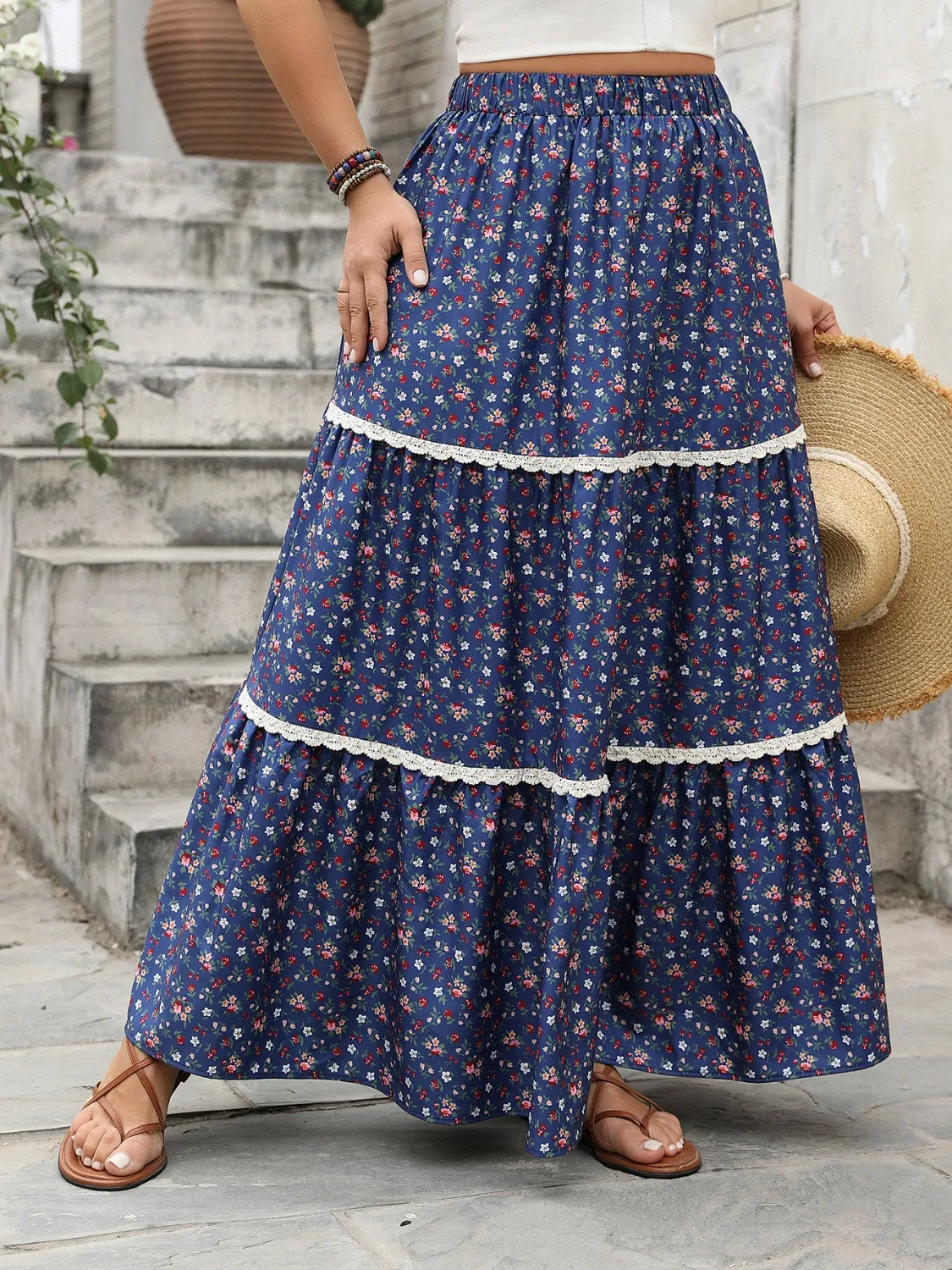 Floral Elastic Waist Maxi Skirt