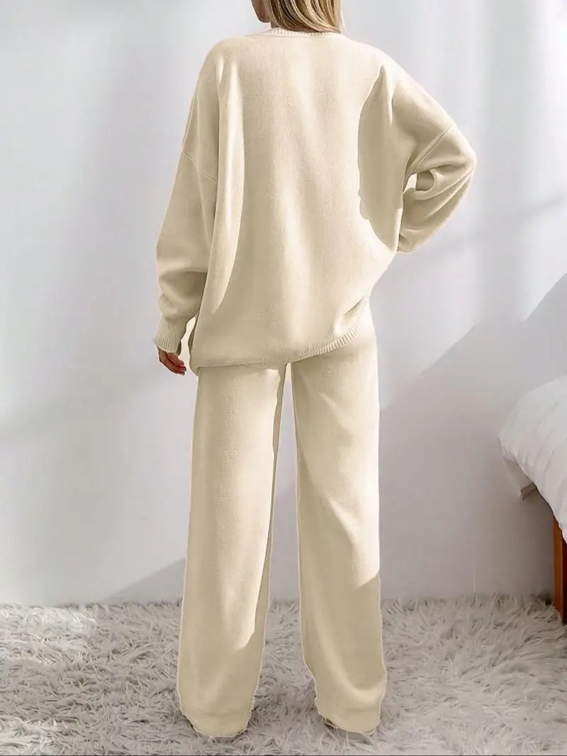 Women's  V Neck Cardigan & Elastic Waist Wide Leg Pants Two-piece Set