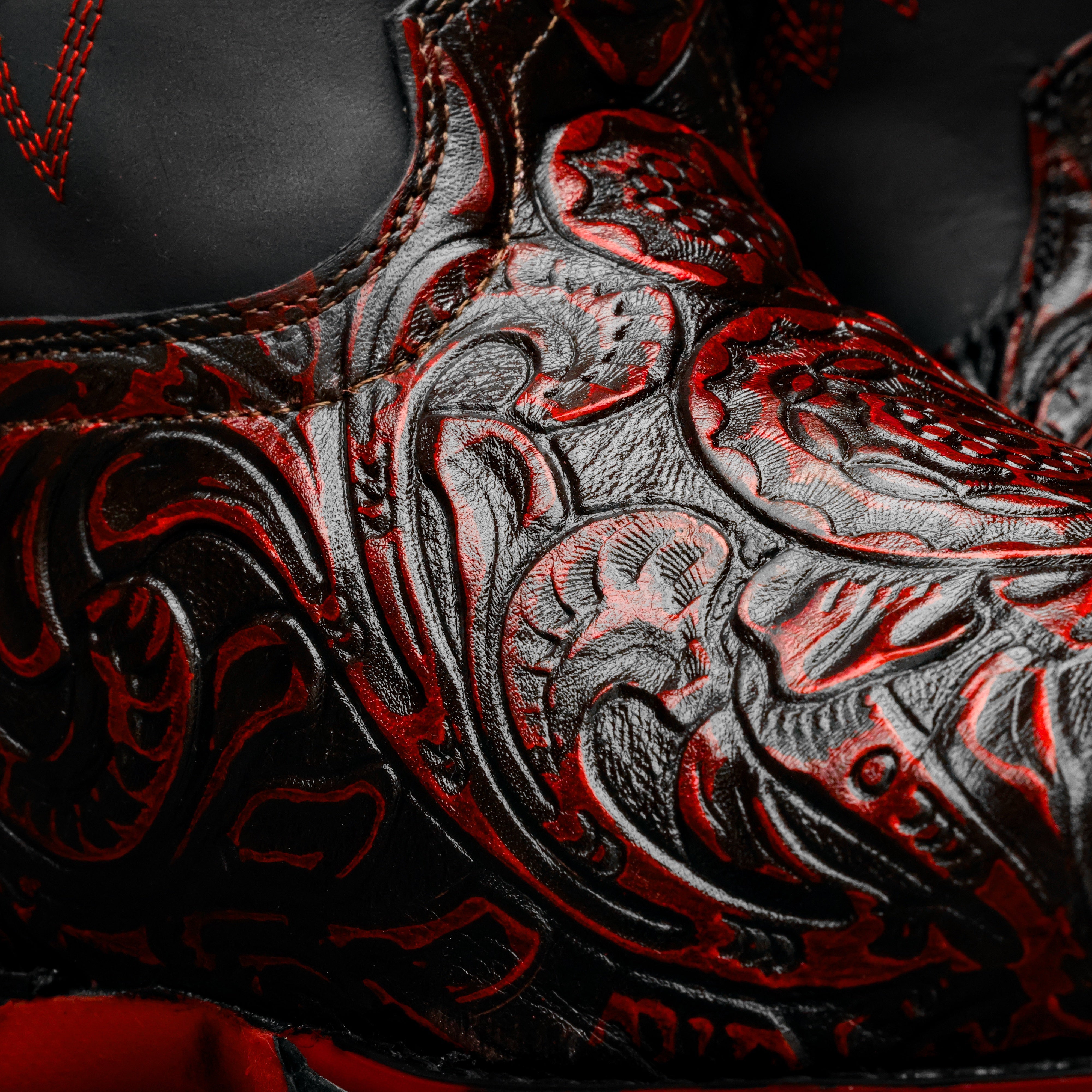 Black Cherry Hand-Tooled Leather Boots With 3D Lightweight Sole - Composite Toe