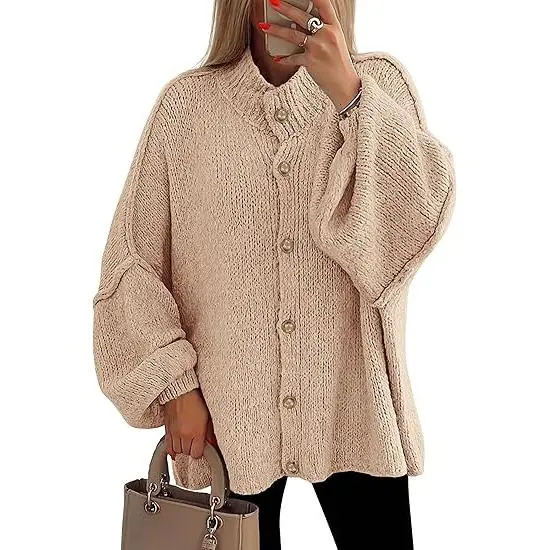 Women's Winter Button Down Cardigan Sweaters Mock Neck Lantern Long Sleeve Chunky Knit Jacket Trendy Outerwear