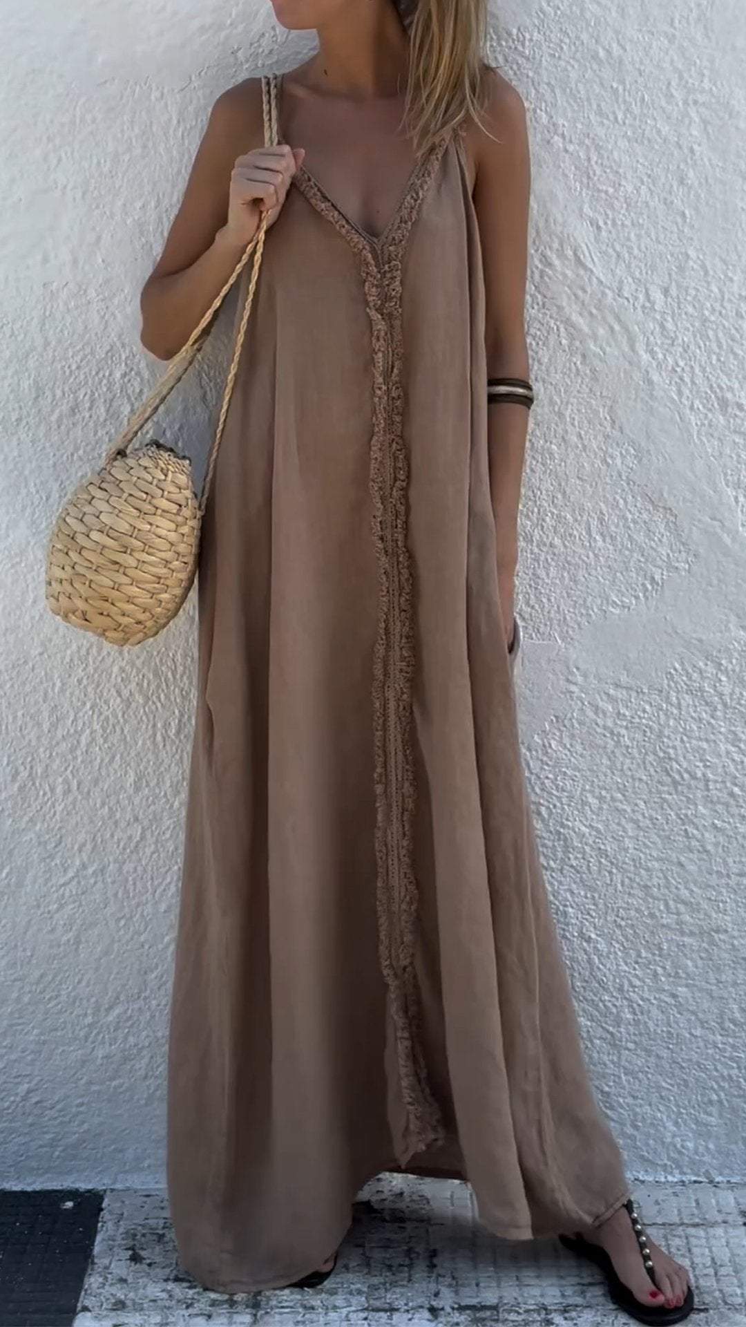 Casual Cotton and Linen Holiday Suspender Dress