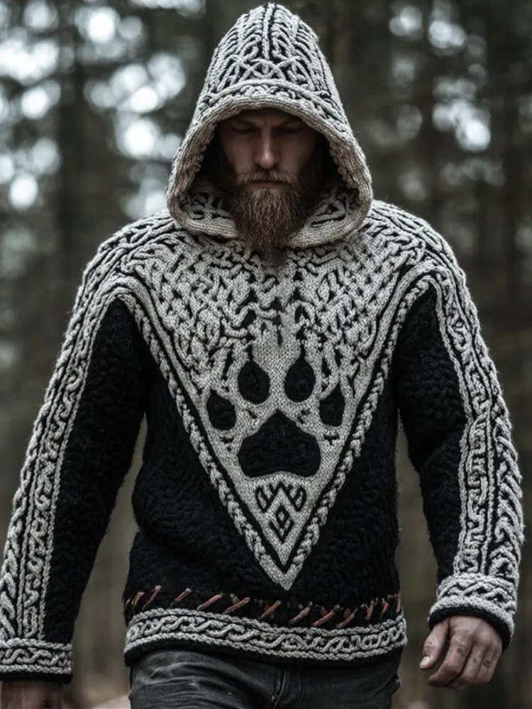 Men's Viking Style Celtic Knot Wolf Claw Contrasting Thick Needle Hooded Sweater