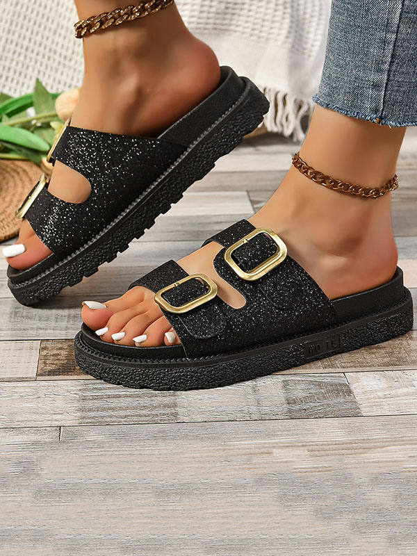 Belt Buckle Hollow Open Toe Shiny Slippers Sandals