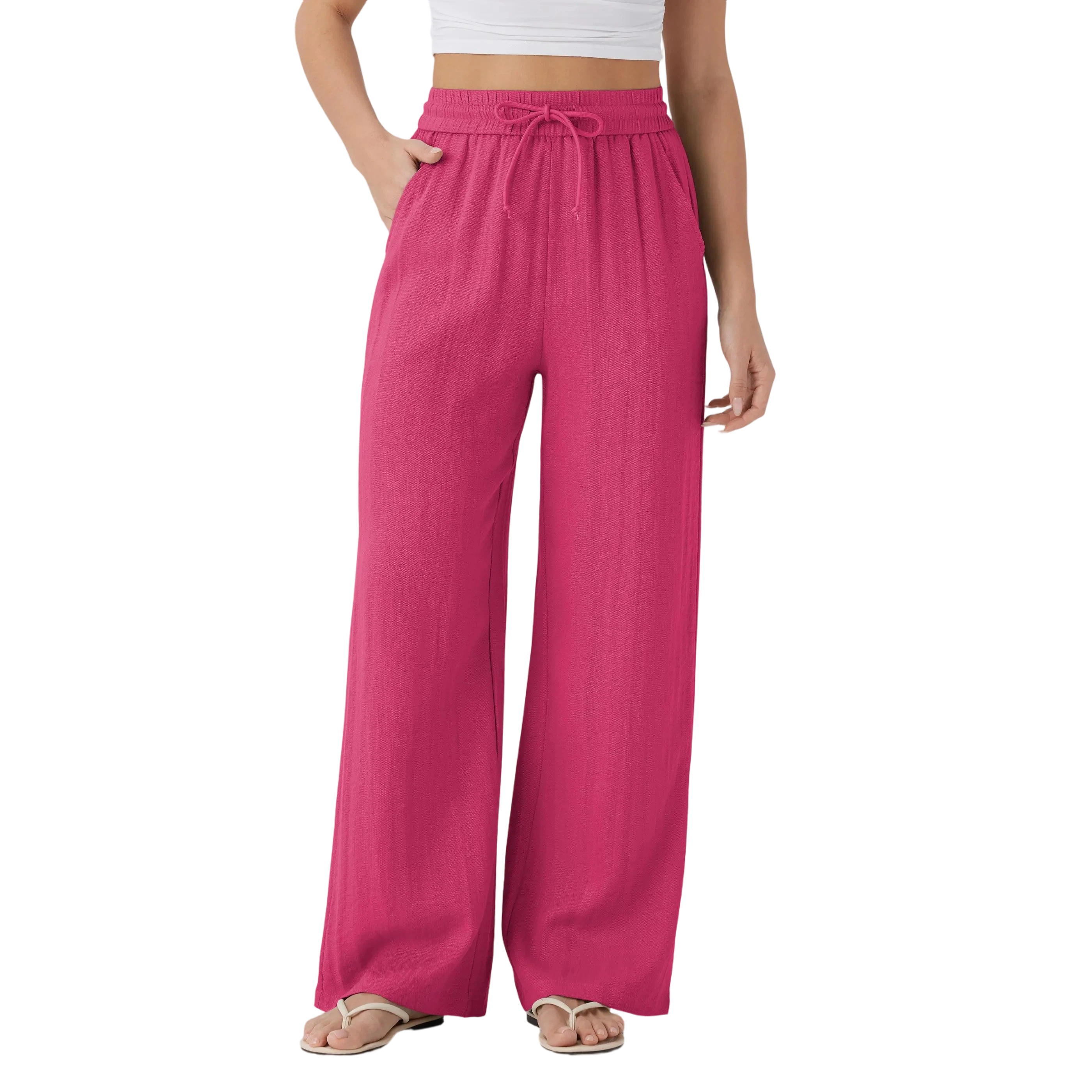 Women's High Waisted Drawstring Pocket Wide Leg Casual Linen-Feel Pants