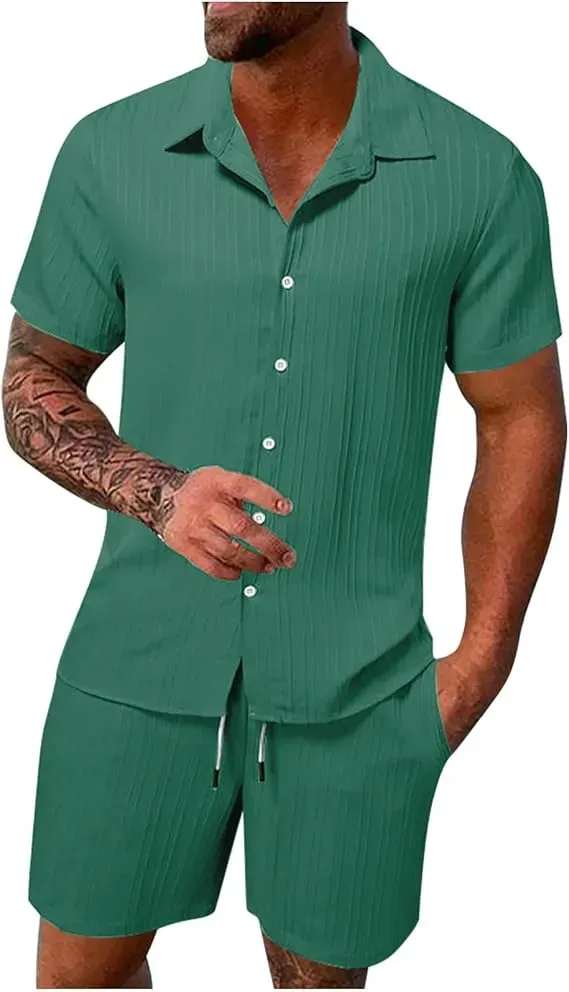 Men'S Solid Textured Short Sleeve Button Front Shirt & Pocket Drawstring Waist Shorts Two-Piece Set, Casual Summer Outfits Clothes Set For Men, Sets For Men Clothing, Menswear,  Summer Outfits Set