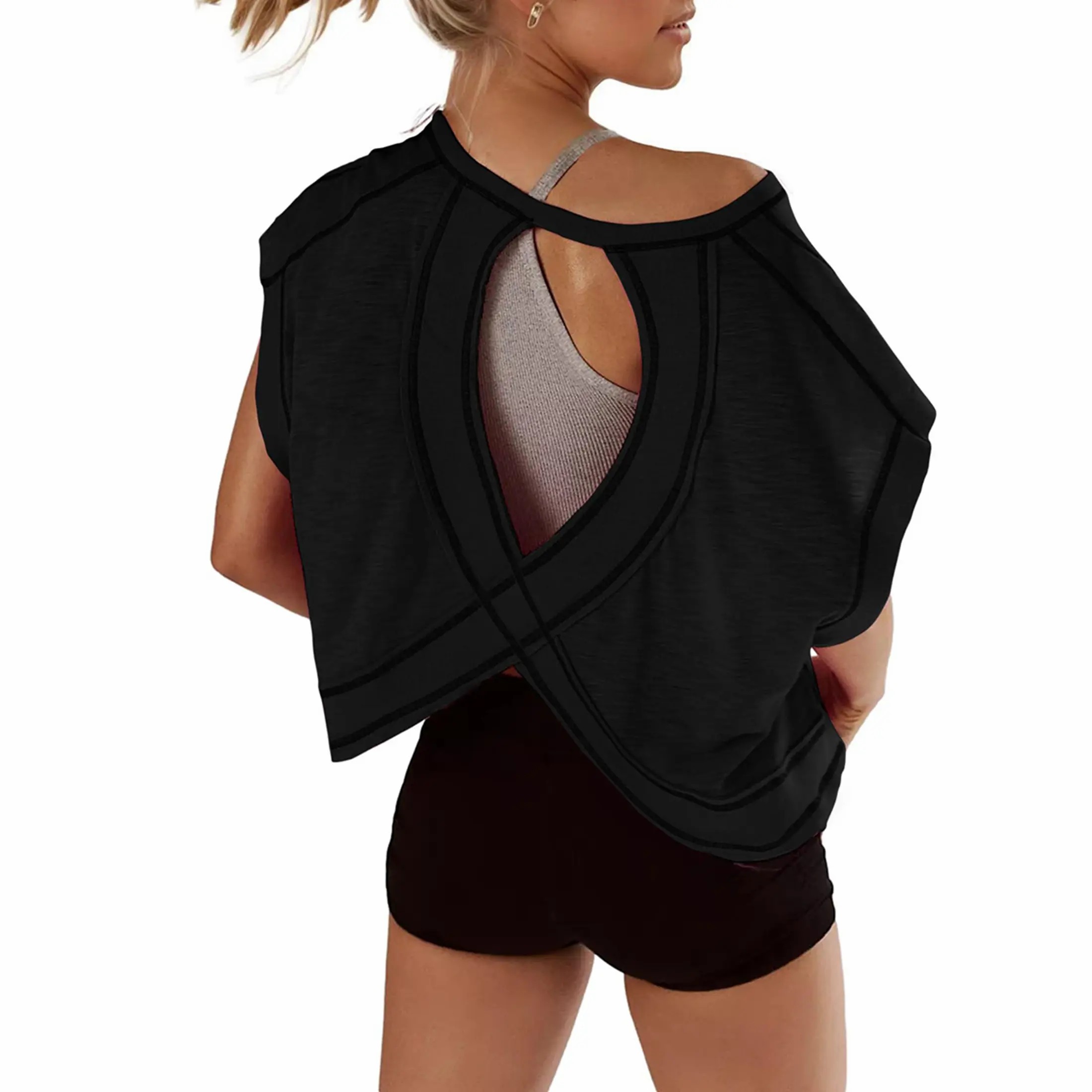 【Stock Up Deals】Women Short Sleeve Workout Shirts Open Back Tops Casual Yoga Y2k Athletic Gym Slouchy Crop Running Tees