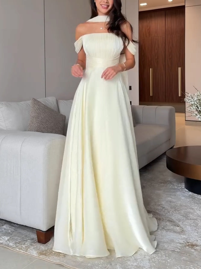 Cream Ribbon Off-shoulder Pleated Maxi Dress