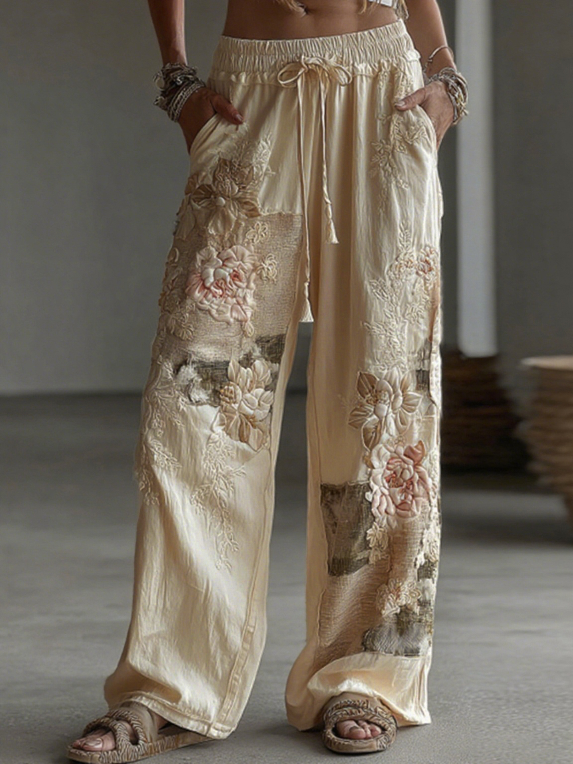 Women's Retro Floral Patchwork Art Casual Linen Pants