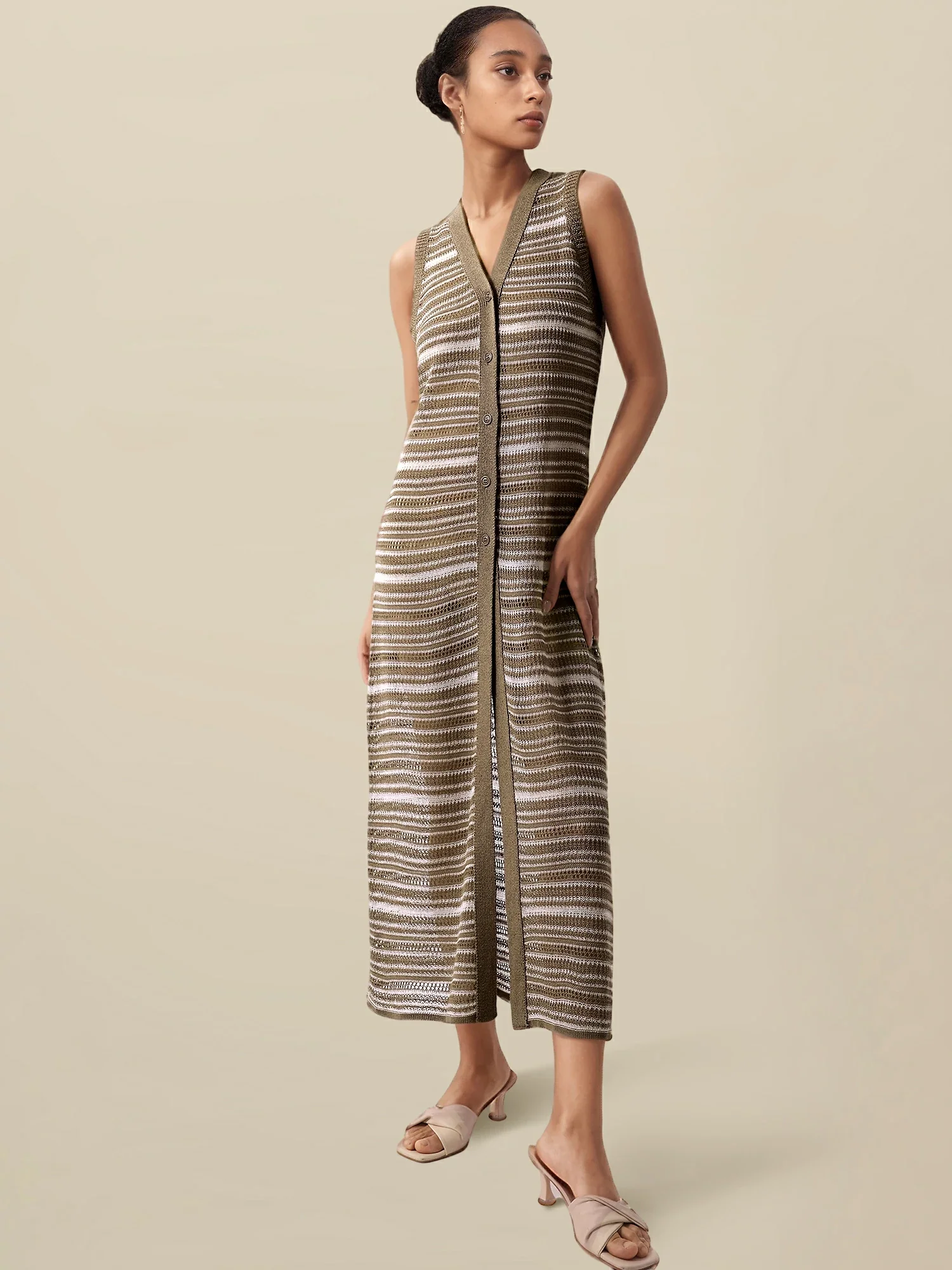 Lyocell V-Neck Sleeveless Striped Dress