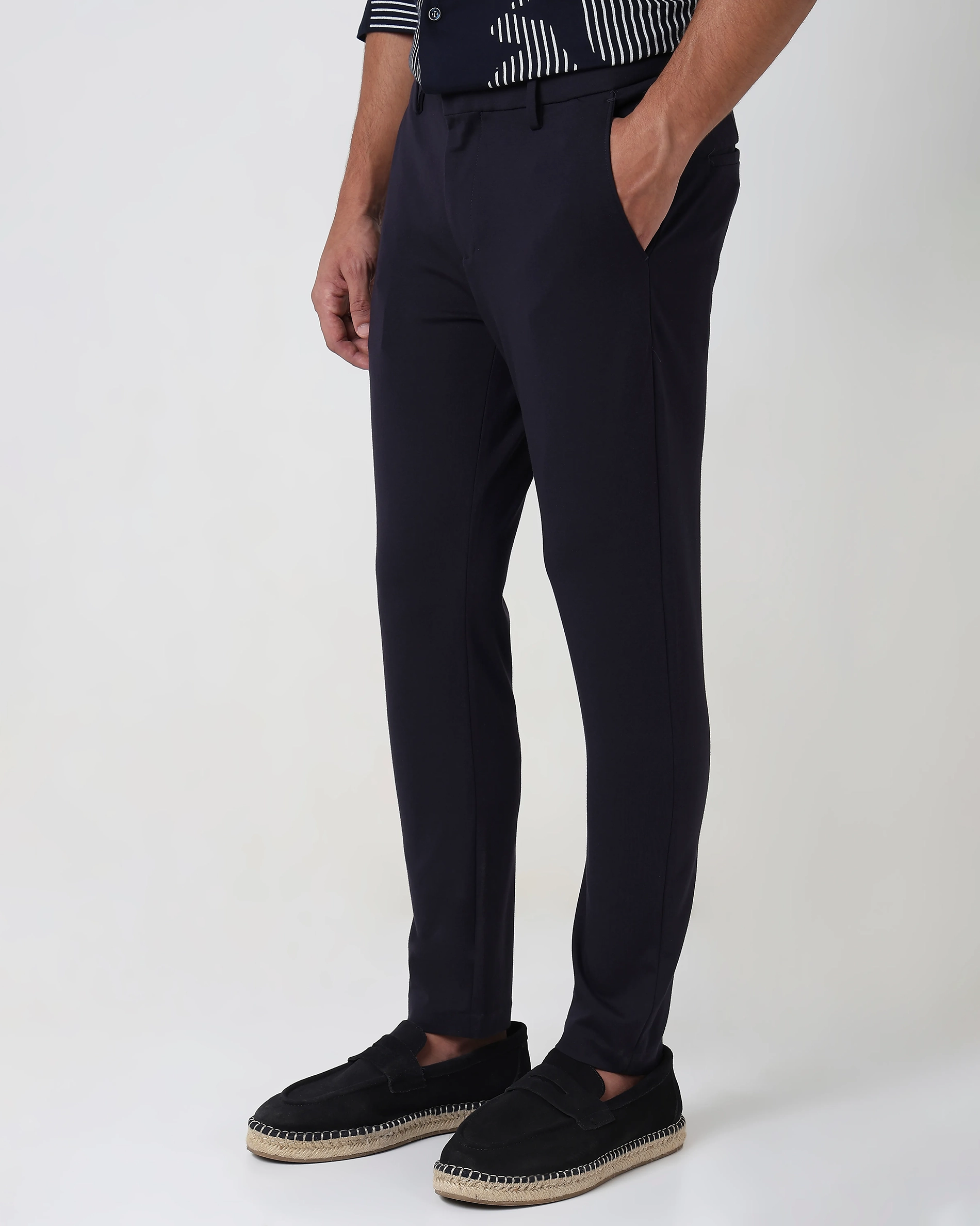 Classic Versatile Soft Slim-Fit Straight-Leg Navy Trousers