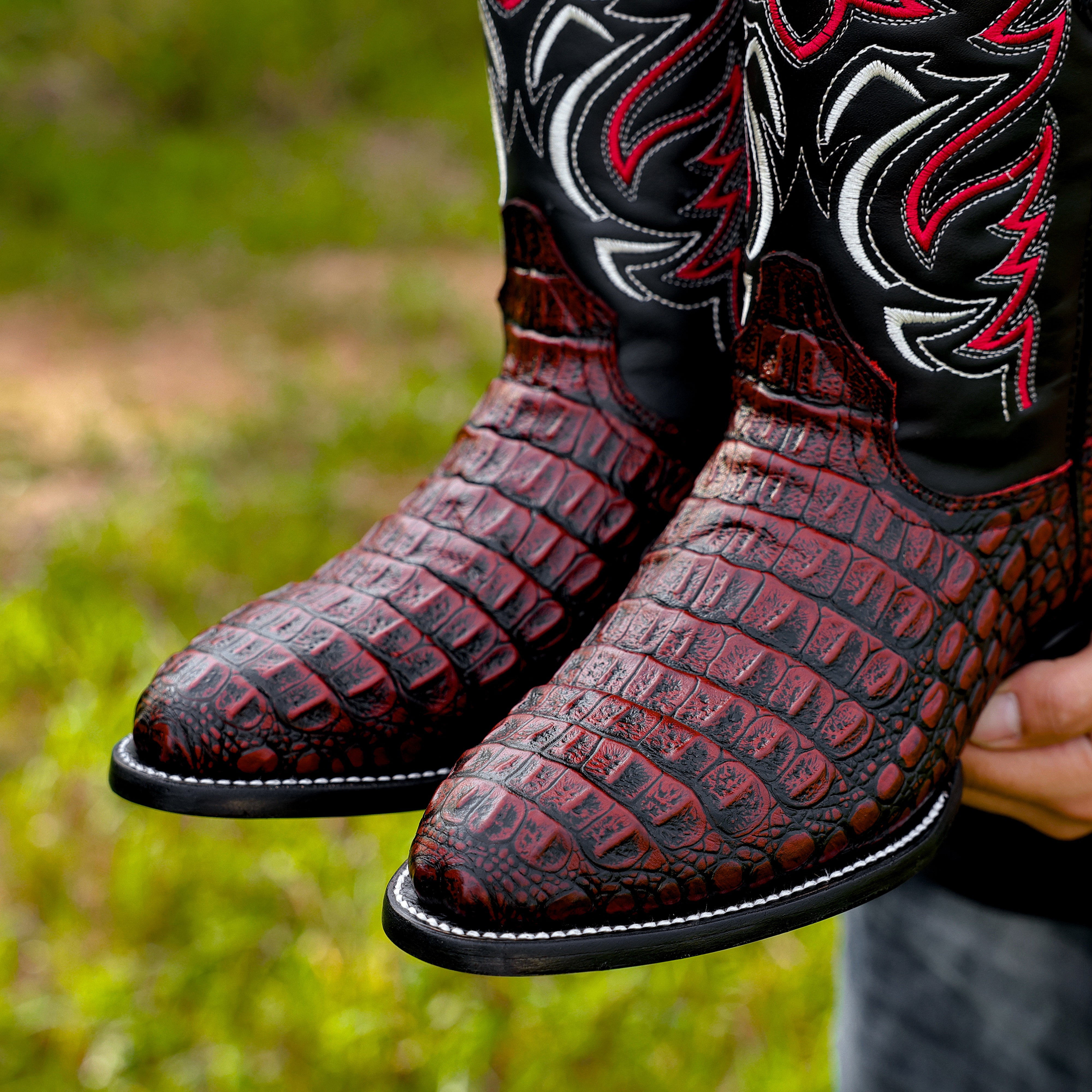 Black Cherry Caiman Hornback Leather Boots - Round Toe