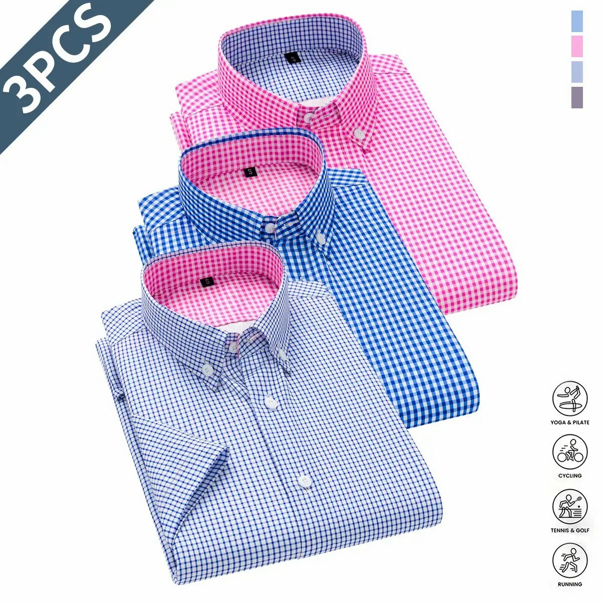 3pcs Men's Shirt Short Sleeve Business Formal Striped Solid Color