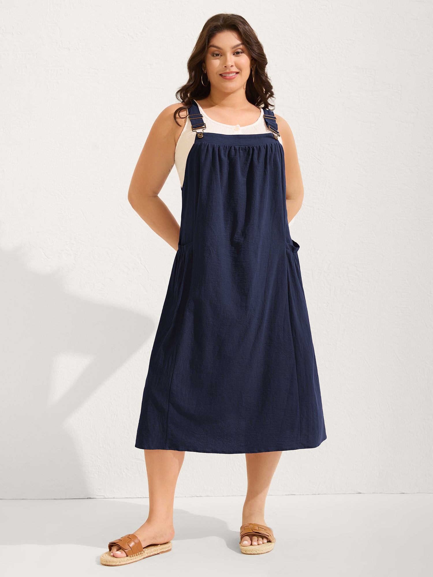 Pure Cotton Pleated Pockets Midi Dress