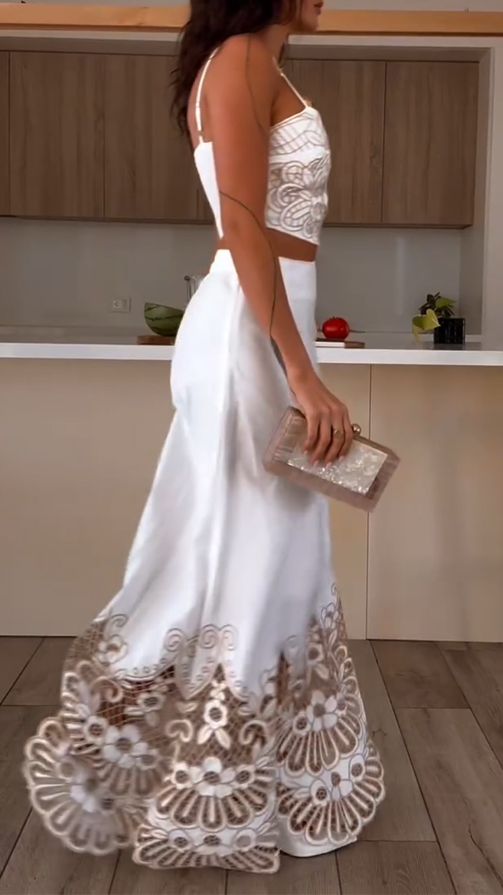 Women Camisole Top+ Patterned Hollow Skirt Elegant Casual Set