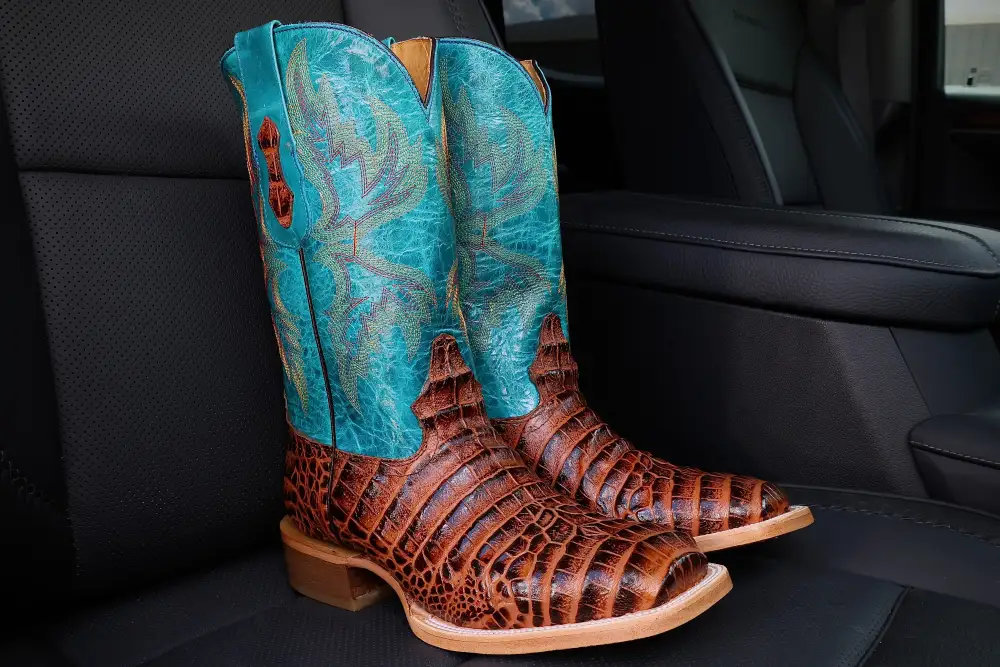 Cognac American Gator Belly Leather Boots — Square Toe