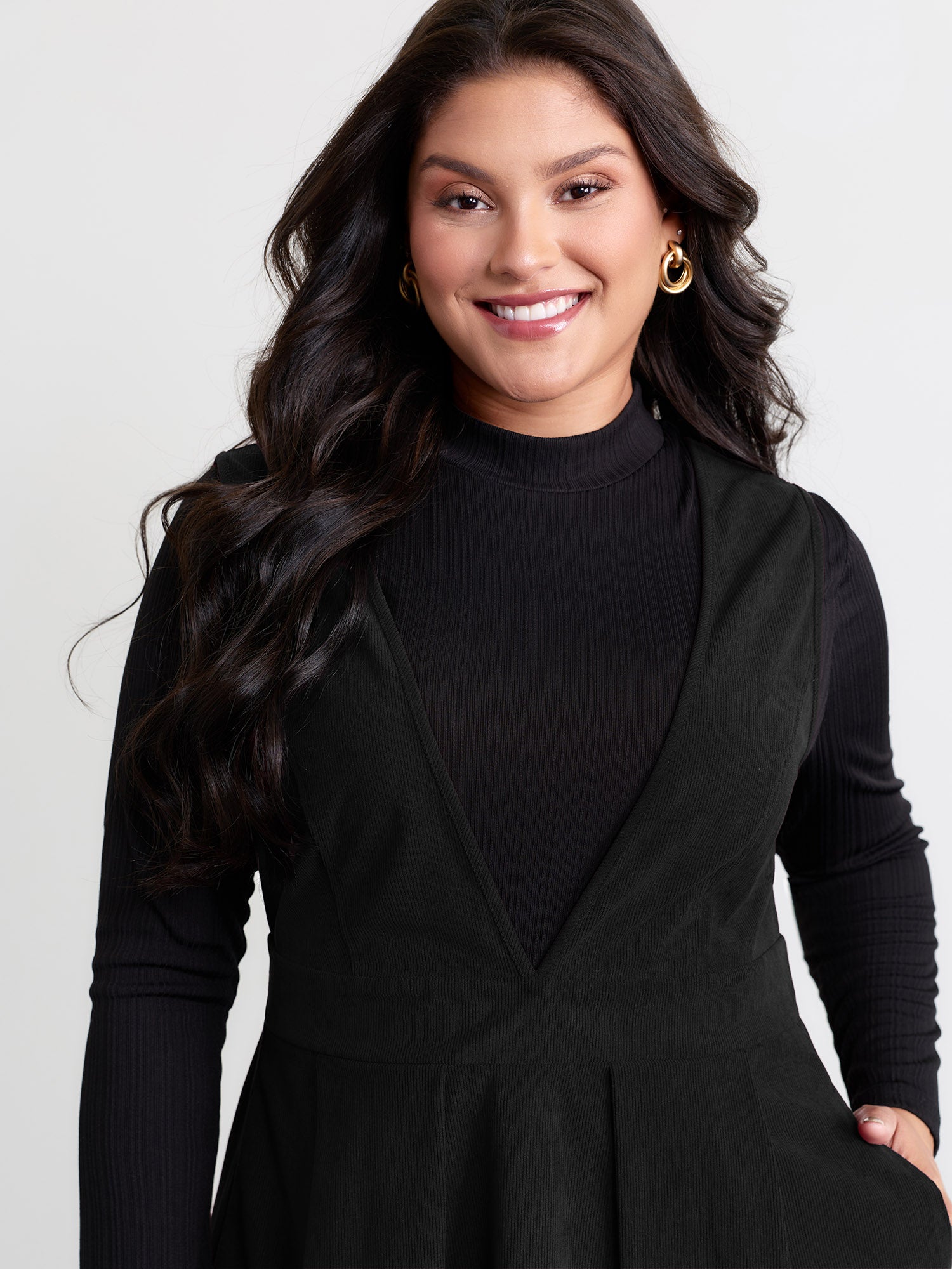 Corduroy Stretchy Waist V-Neck Mini Dress