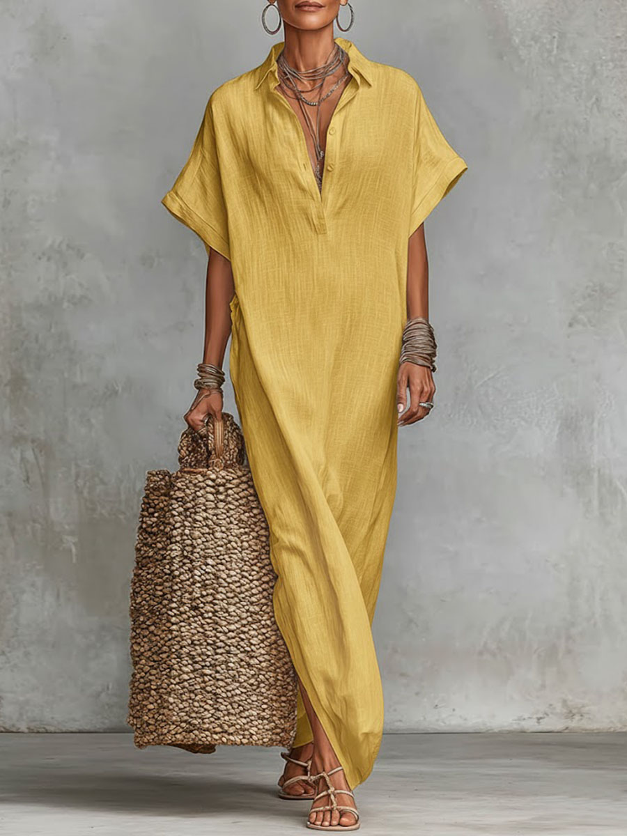 Women's Solid Color Collared Short-sleeved Casual Loose Linen Dress