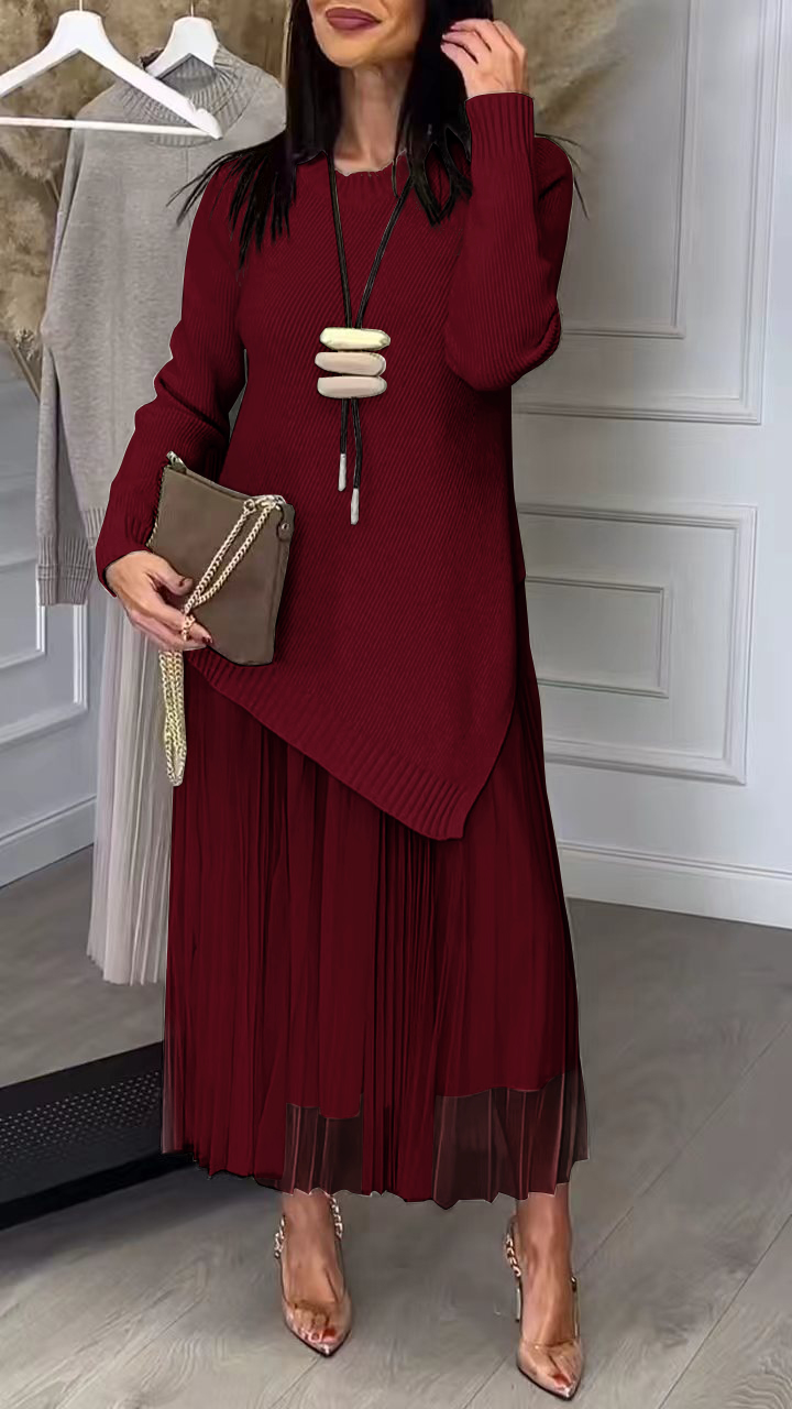 Ladies Inner Mesh Pleated Dress+ Irregular Knitted Sweater Casual Set