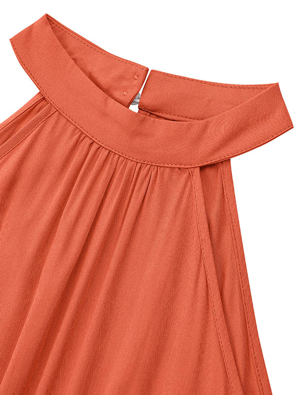 Pleated Solid Color Split-Front Tied Waist High Waisted Loose Halter-Neck Jumpsuits