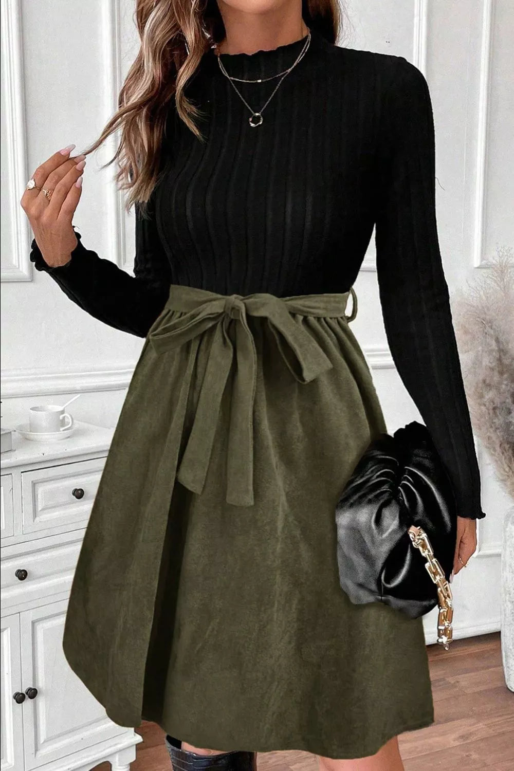 Ribbed Tie Waist A-Line Dress