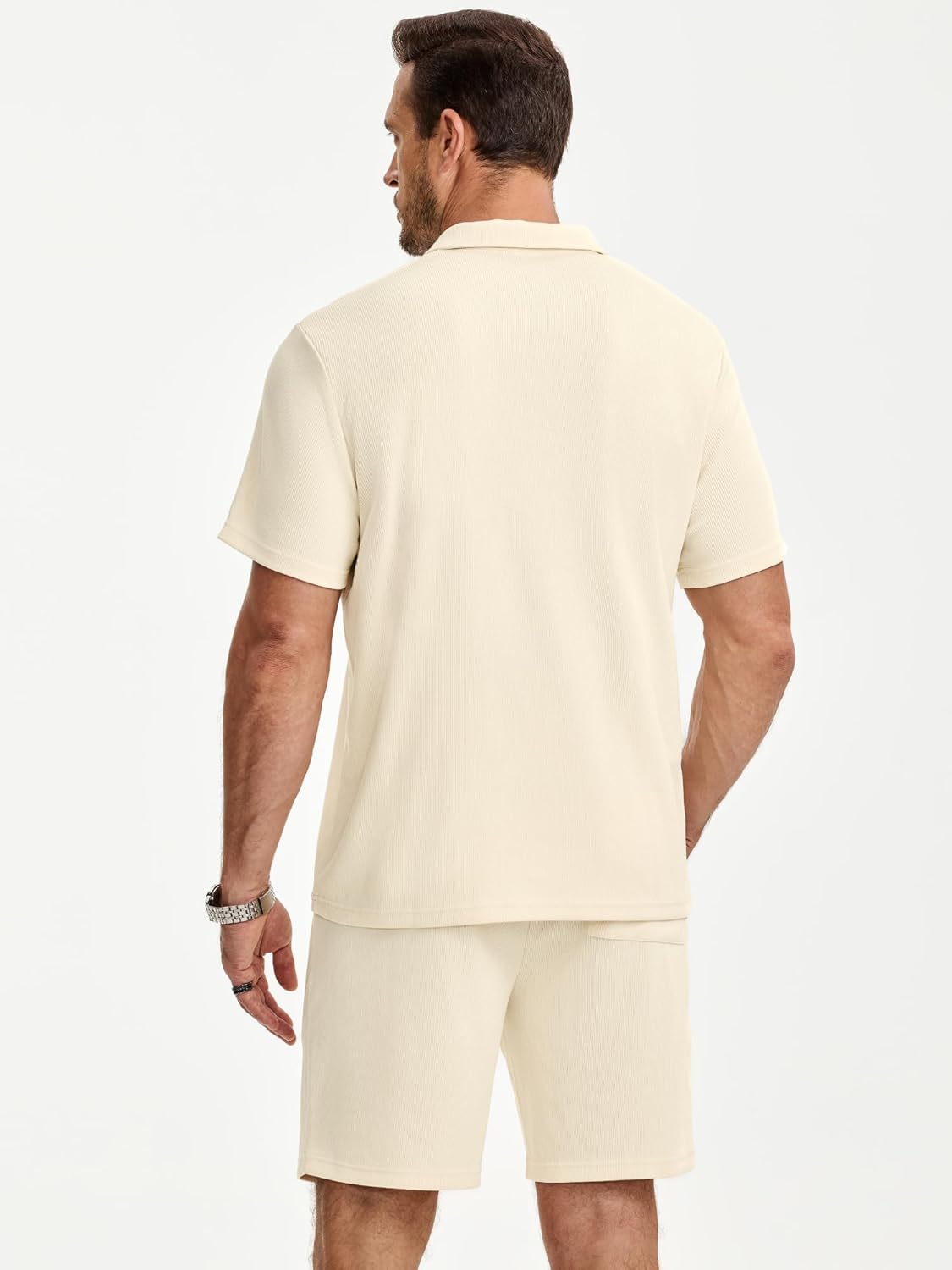 Men's 2 Pieces Outfits Casual Knit Ribbed Textured Button Down Short Sleeve Polo Shirt and Shorts Set