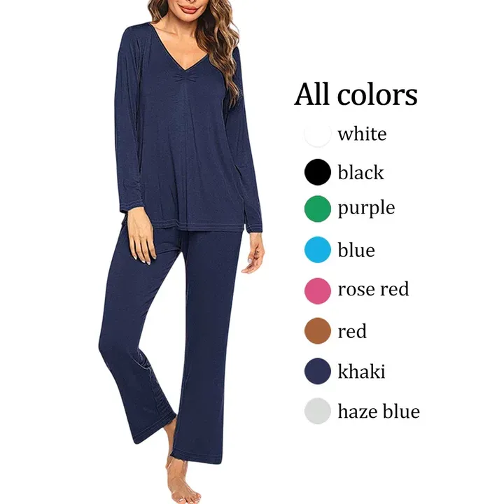 Women's V-neck long-sleeved top + trousers casual two-piece set