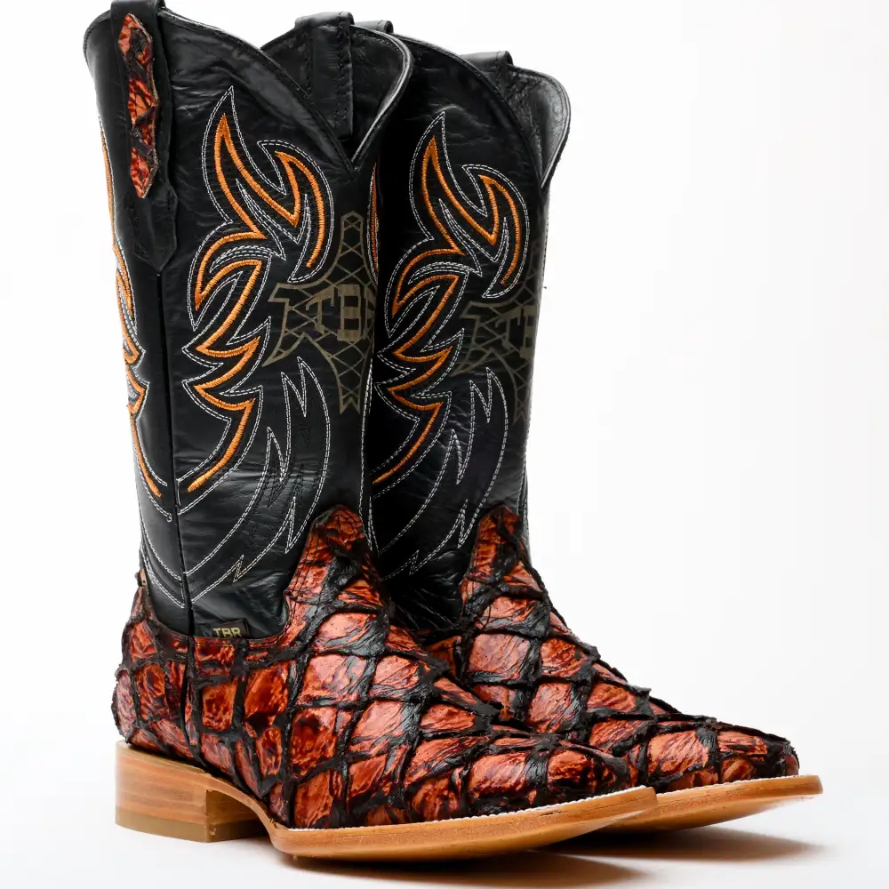 Cognac Jumbo Pirarucu Leather Boots - Square Toe