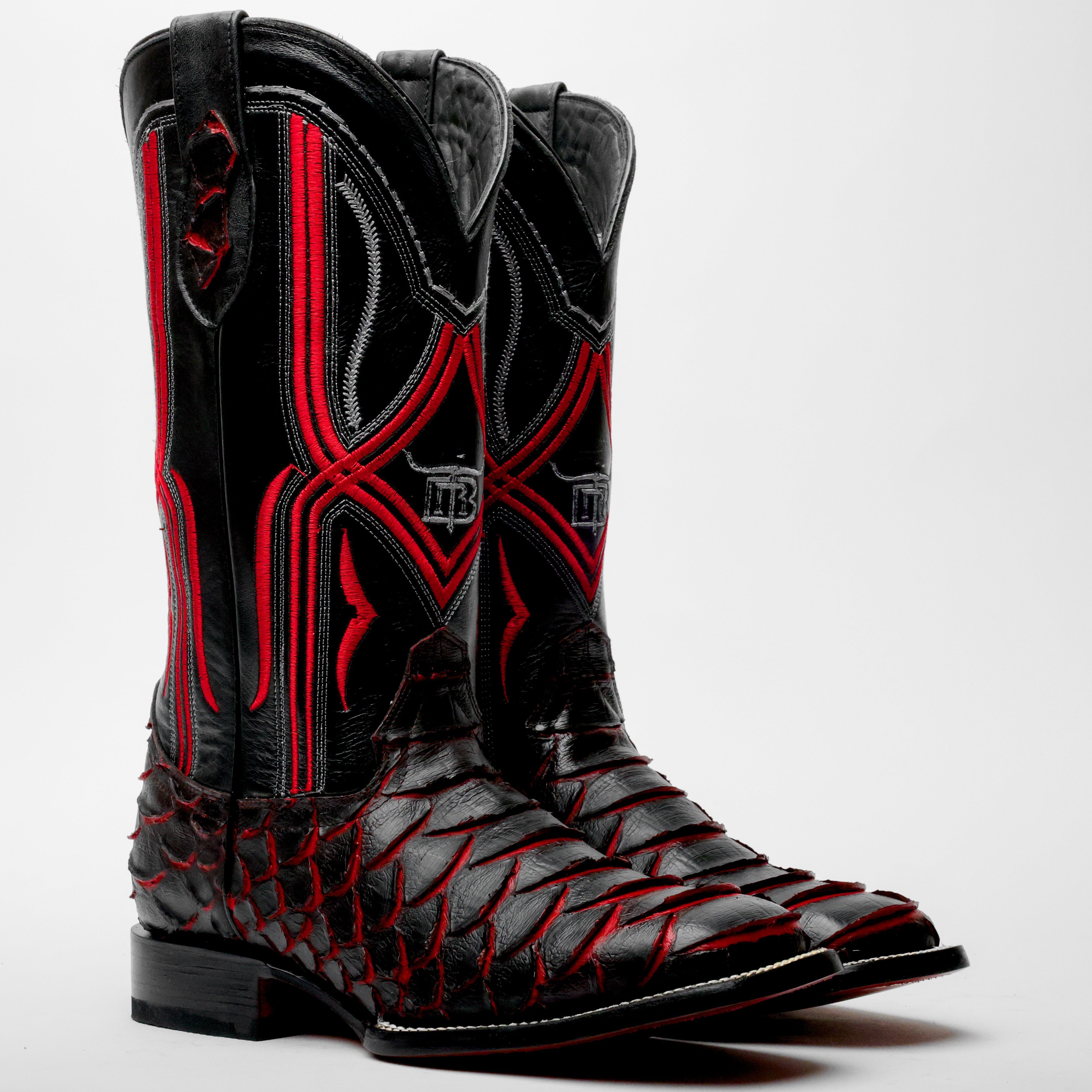 Black/Red Jumbo Python Leather Boots - Square Toe