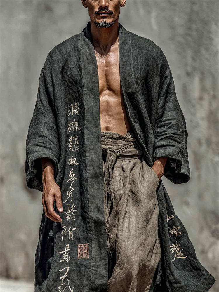 Men's Japanese Calligraphy Art Long Linen Kimono
