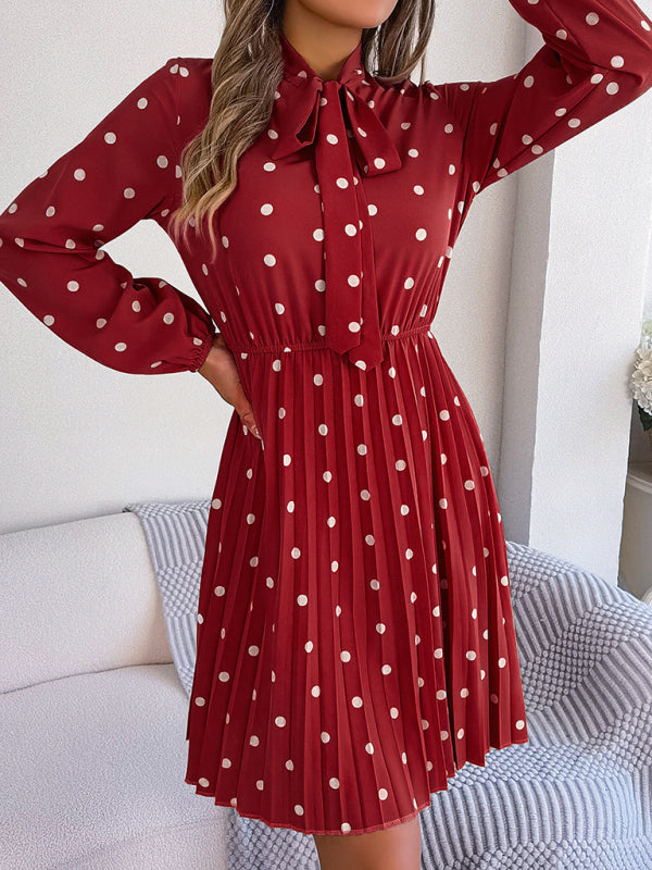 Elegant Polka-Dot Lace-Up Waist Long-Sleeved Pleated Skirt