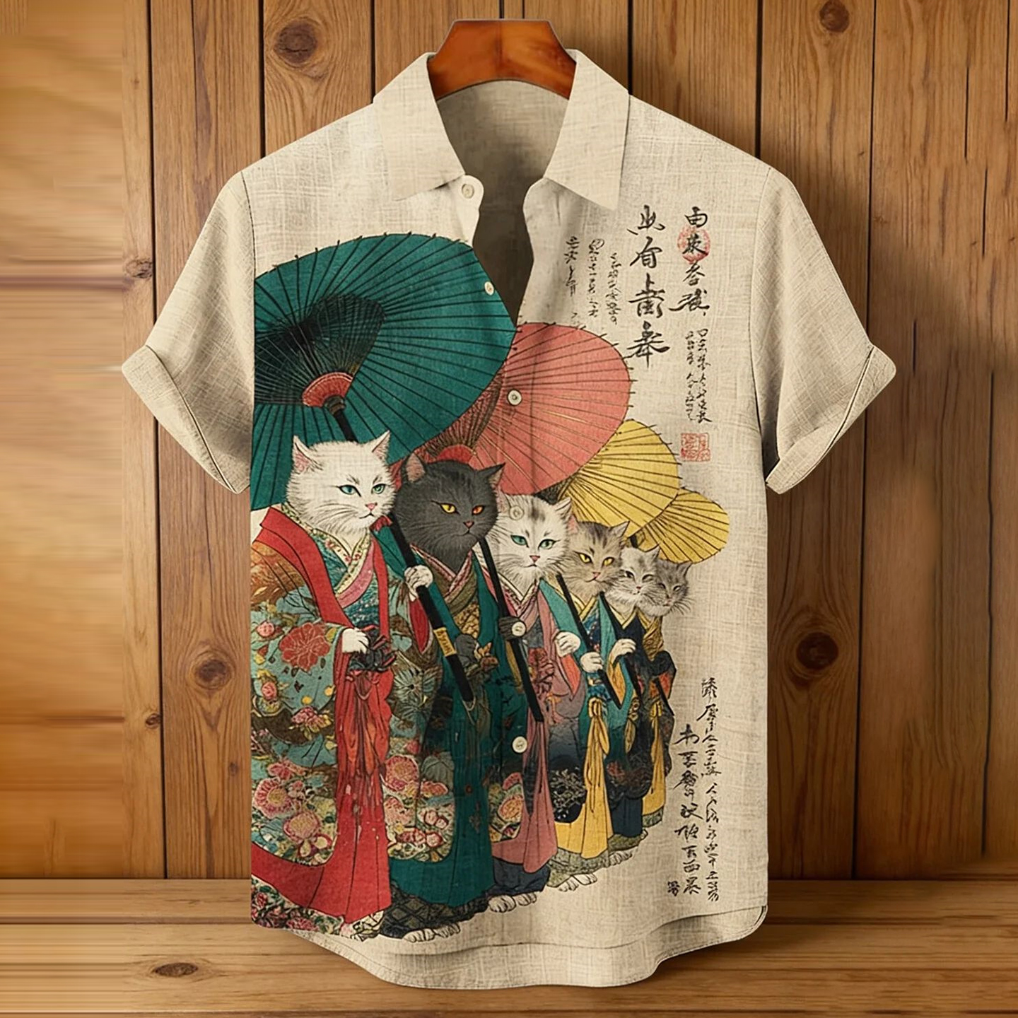 Men's Funny Cat Calligraphy Japanese Art Print Short Sleeve Shirt