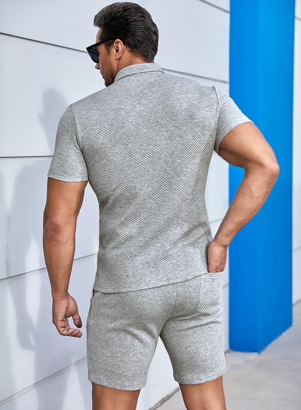 Men's Polo Shirt and Shorts Set Soild Color Geometric Texture Casual Short Sleeve 2 Piece Outfits Sweatsuits Summer