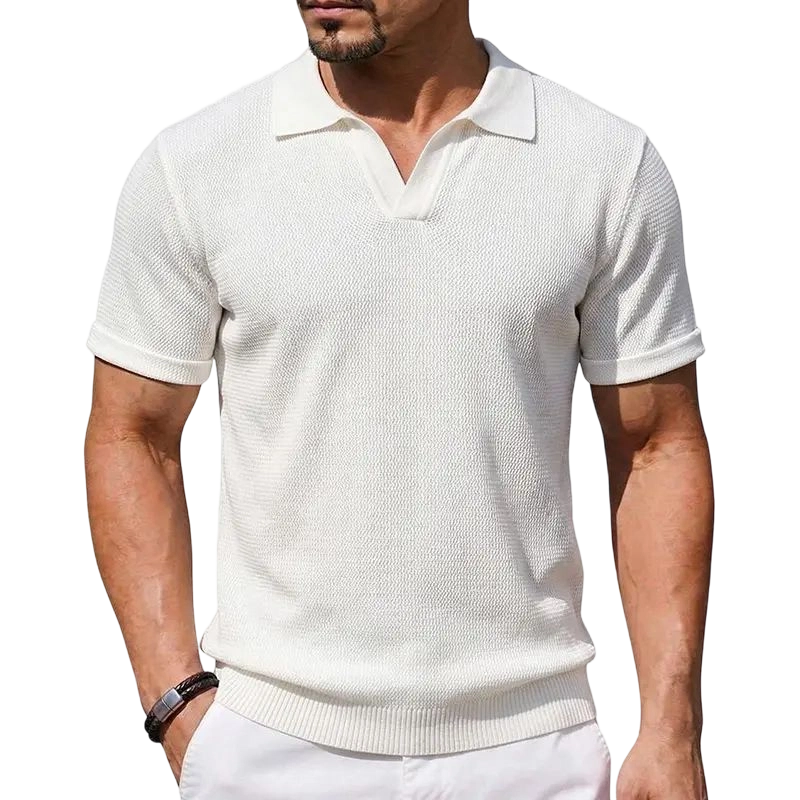 2026 Men's V Neck Short Sleeve Stretch Knit Polo Shirt