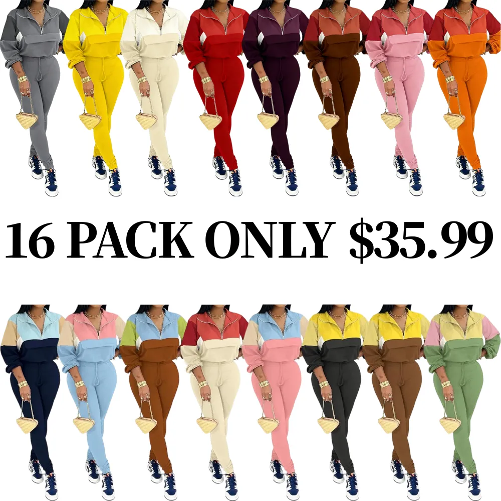 Women's Colorblock 2-Piece Knit Zip Jacket Elastic Waist Tracksuit