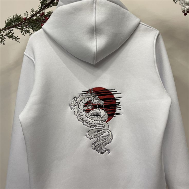 Men's Japanese Dragon Sunrise Embroidered Cozy Hoodie