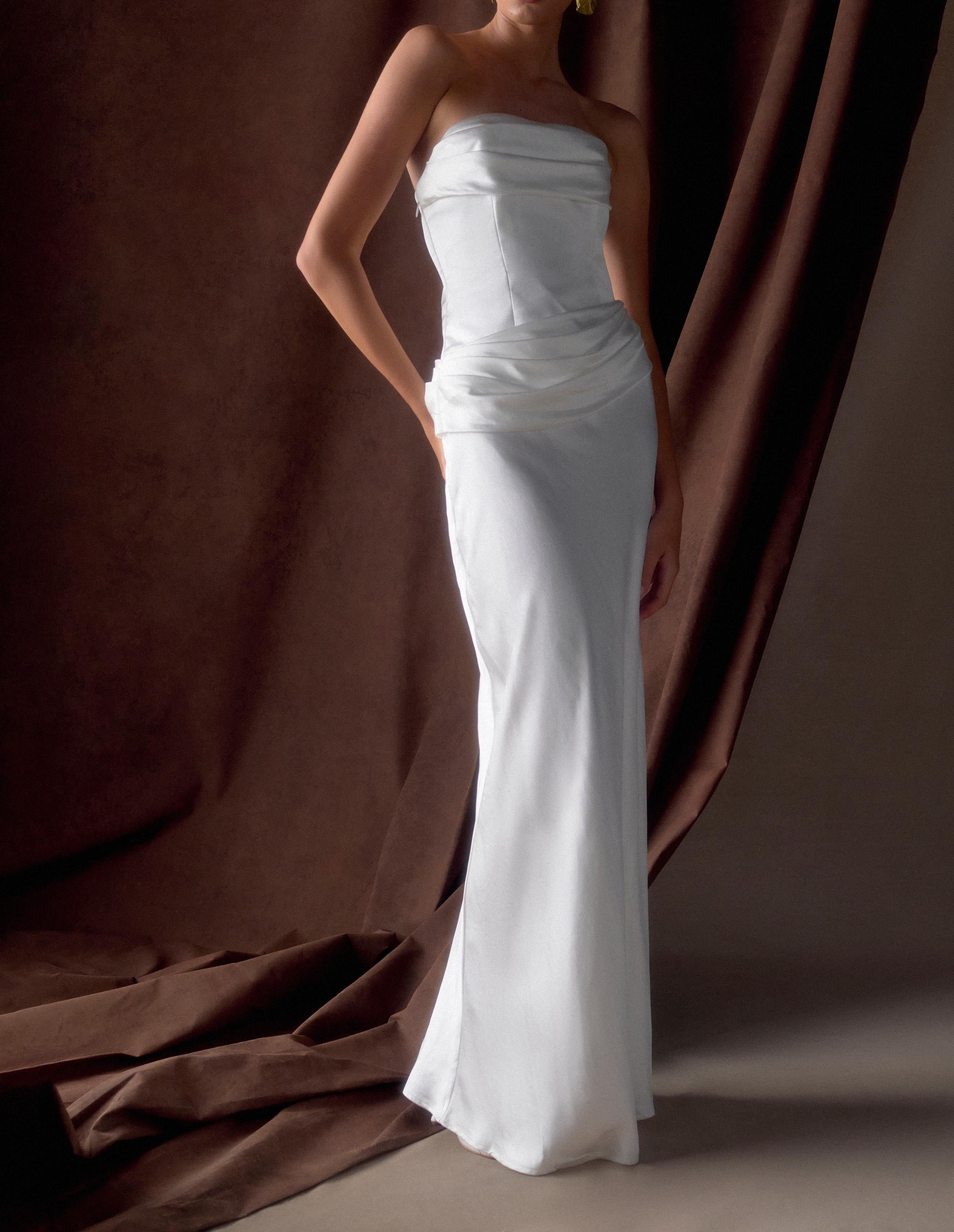 White Strapless Satin Maxi Dress