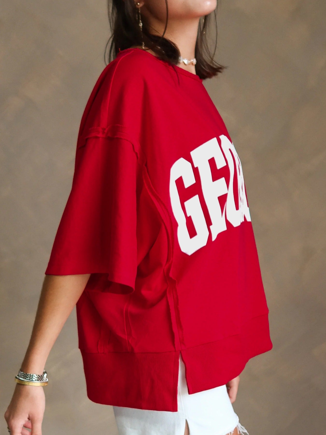 GEORGIE Letter Raw Seam Drop Shoulder Loose Tee