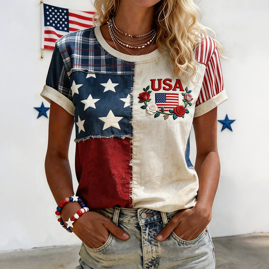 Women's USA Inspired Floral Linen T-Shirt