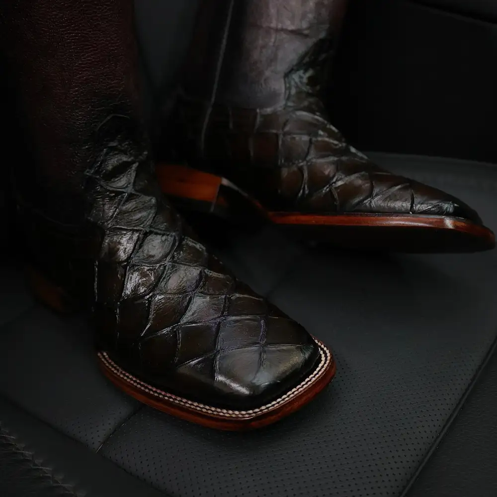 Wine Pirarucu Leather Boots — Square Toe